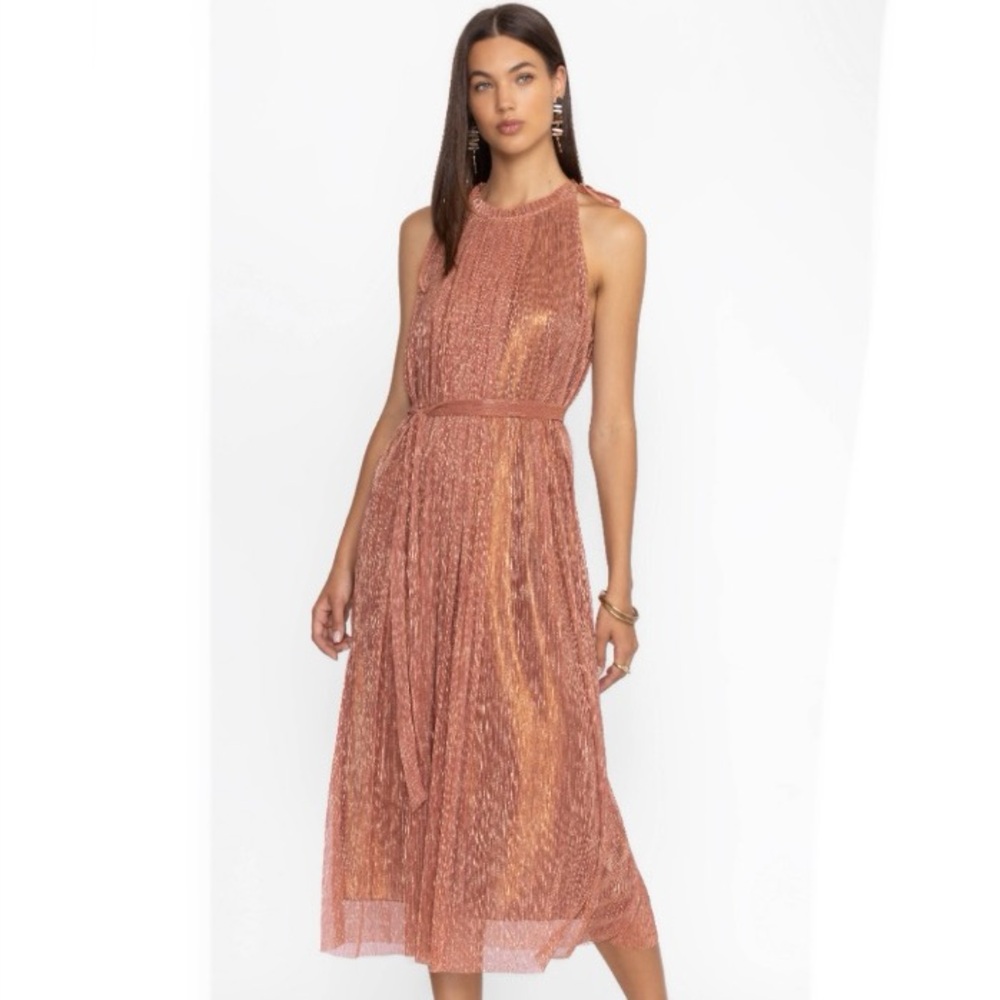 NEW Johnny Was Jade Dylan Halter Shimmery Midi Dress In Metallic Melon Size XL